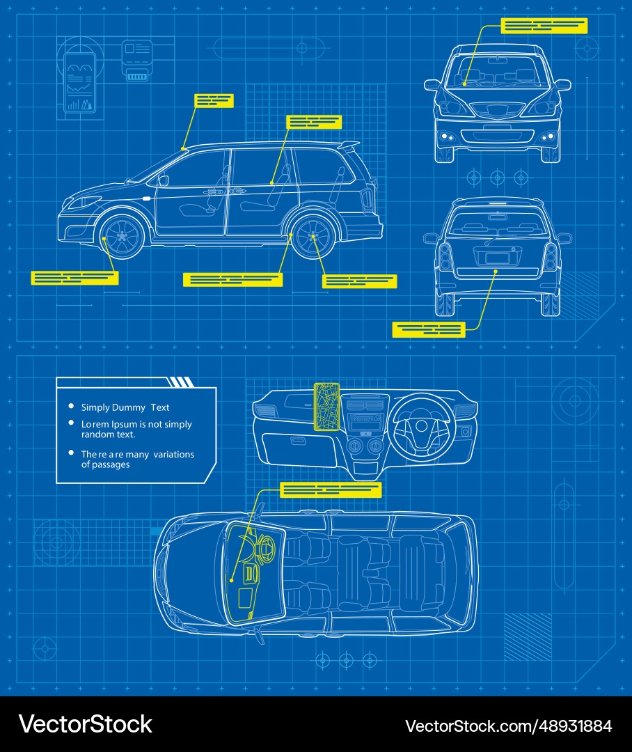 Car In Outline Style Schematic Blueprints Vehicle Vector Image