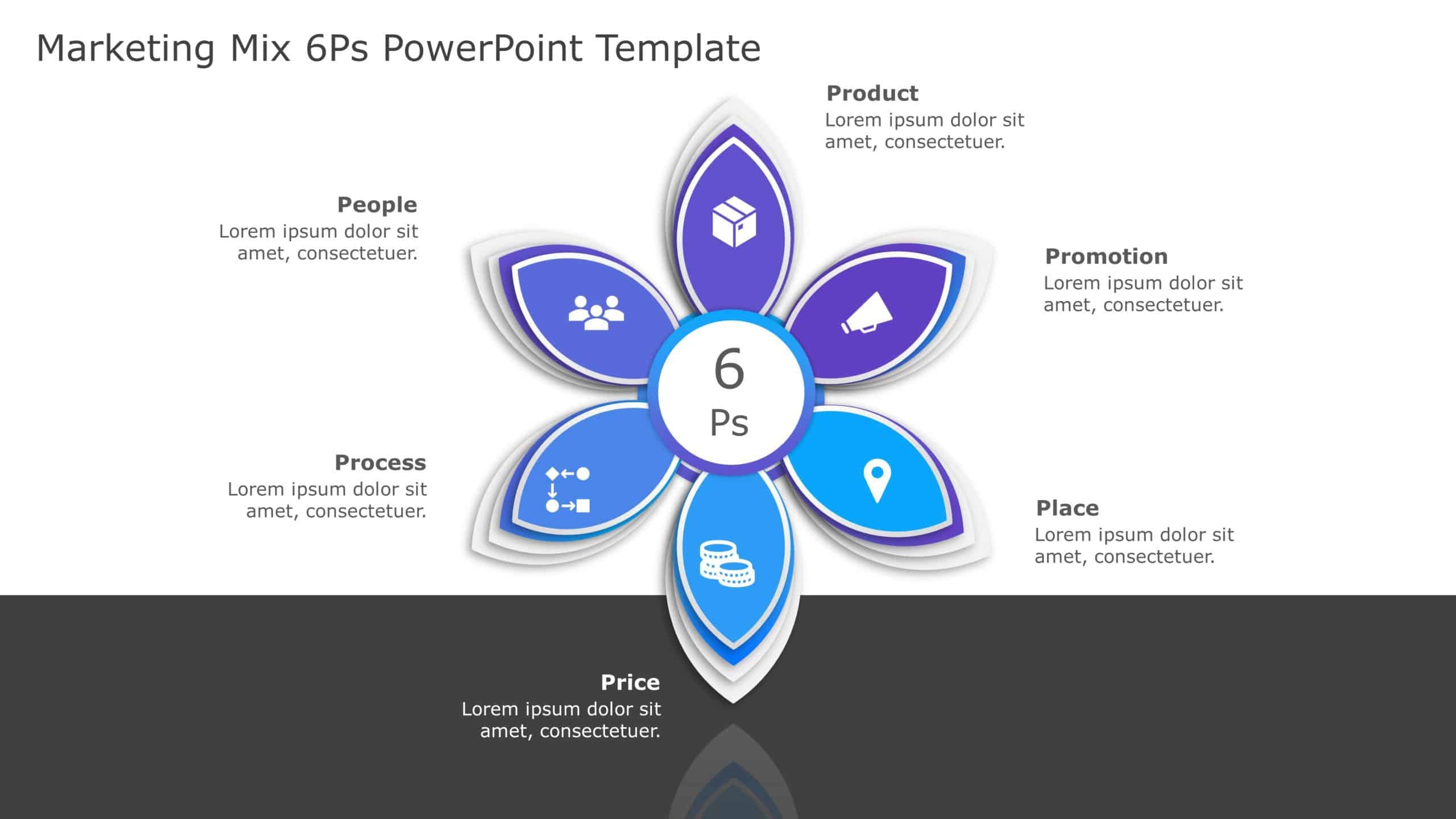 Free Purple And Blue Petal Diagram For Marketing Mix 6Ps Powerpoint Template