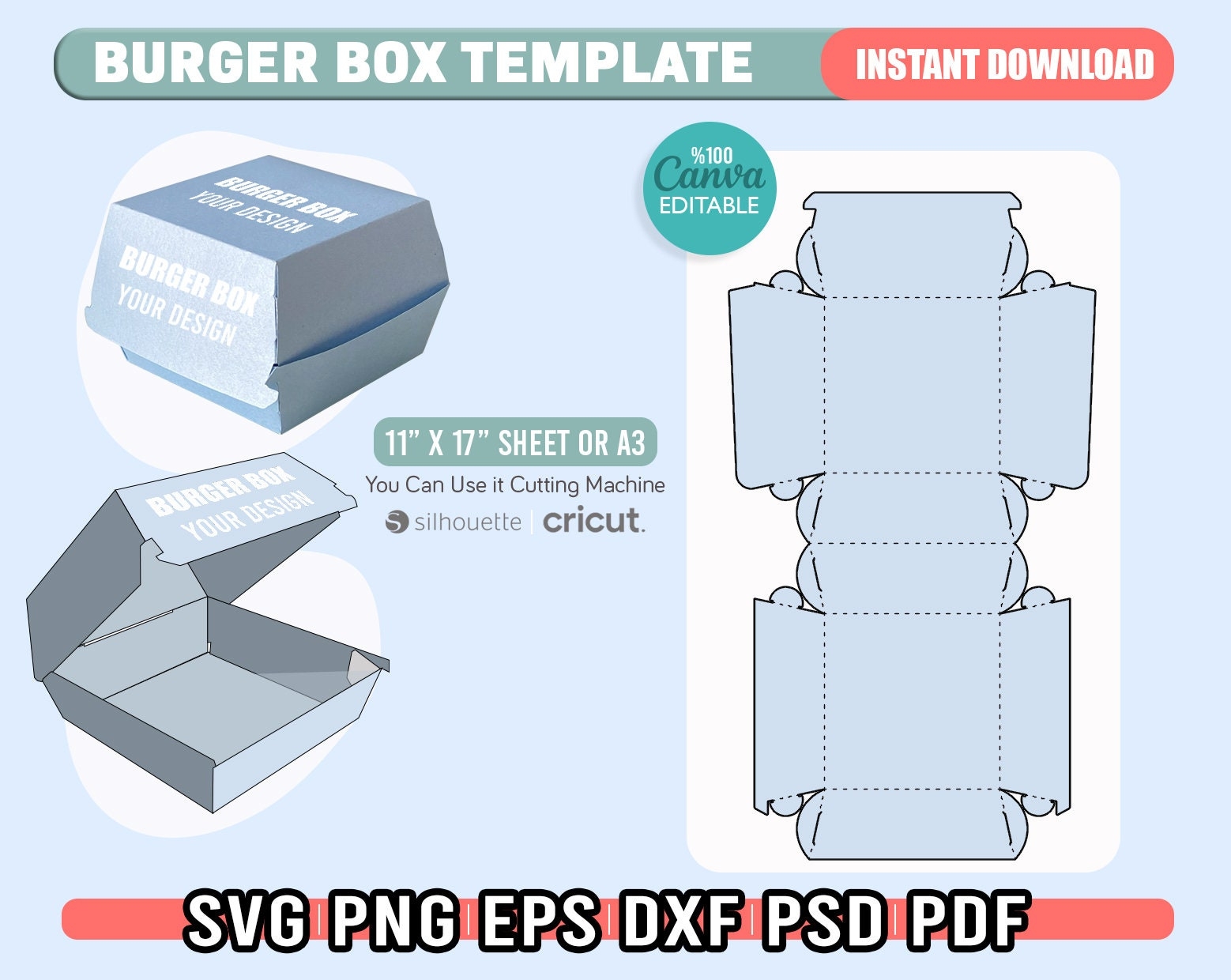 Hamburger Box Template Svg Hamburger In Canva Template Cheeseburger Box Template Svg For Cricut Silhouette Cut Files Instant Download Etsy