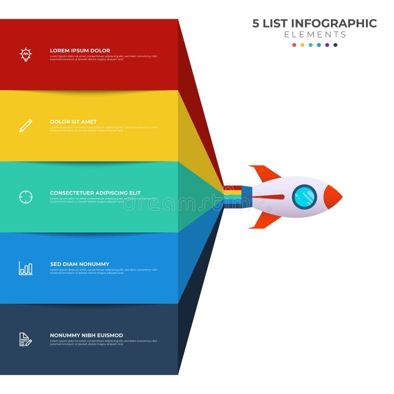 List Diagram With 5 Points Of Steps Sequence Colorful Rocket 
