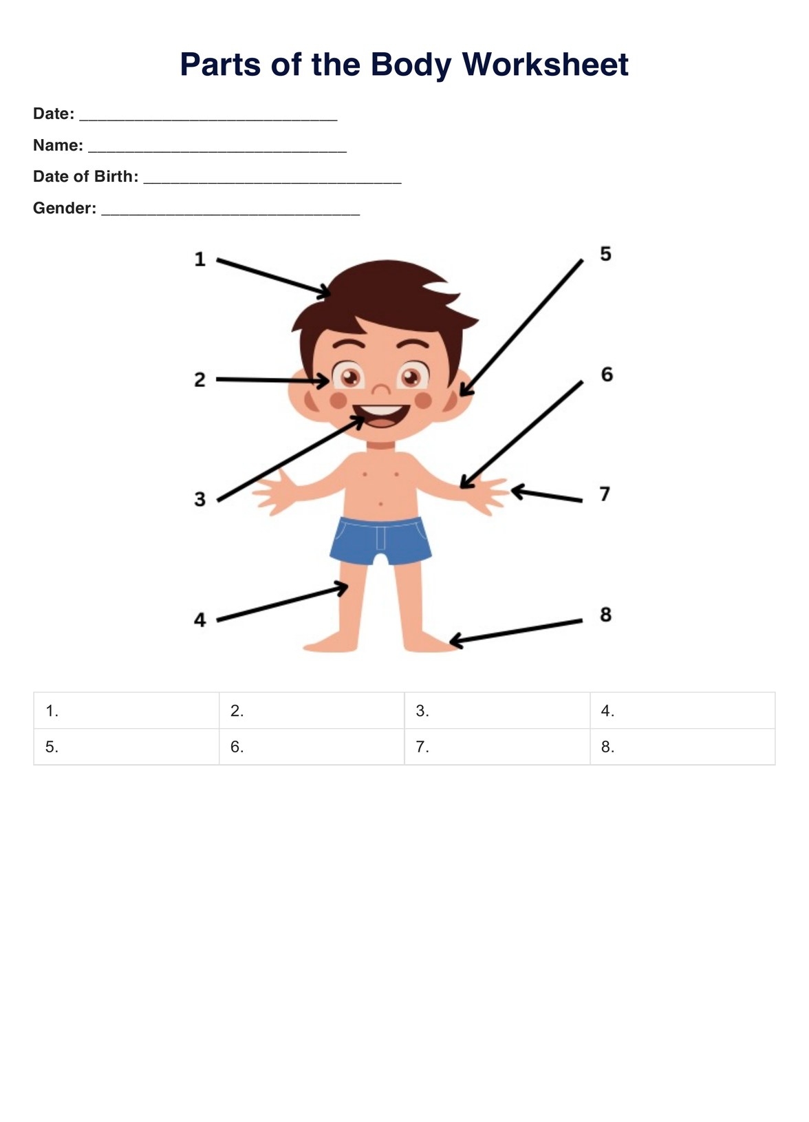 Parts Of The Body Worksheet U0026 Example Free PDF Download