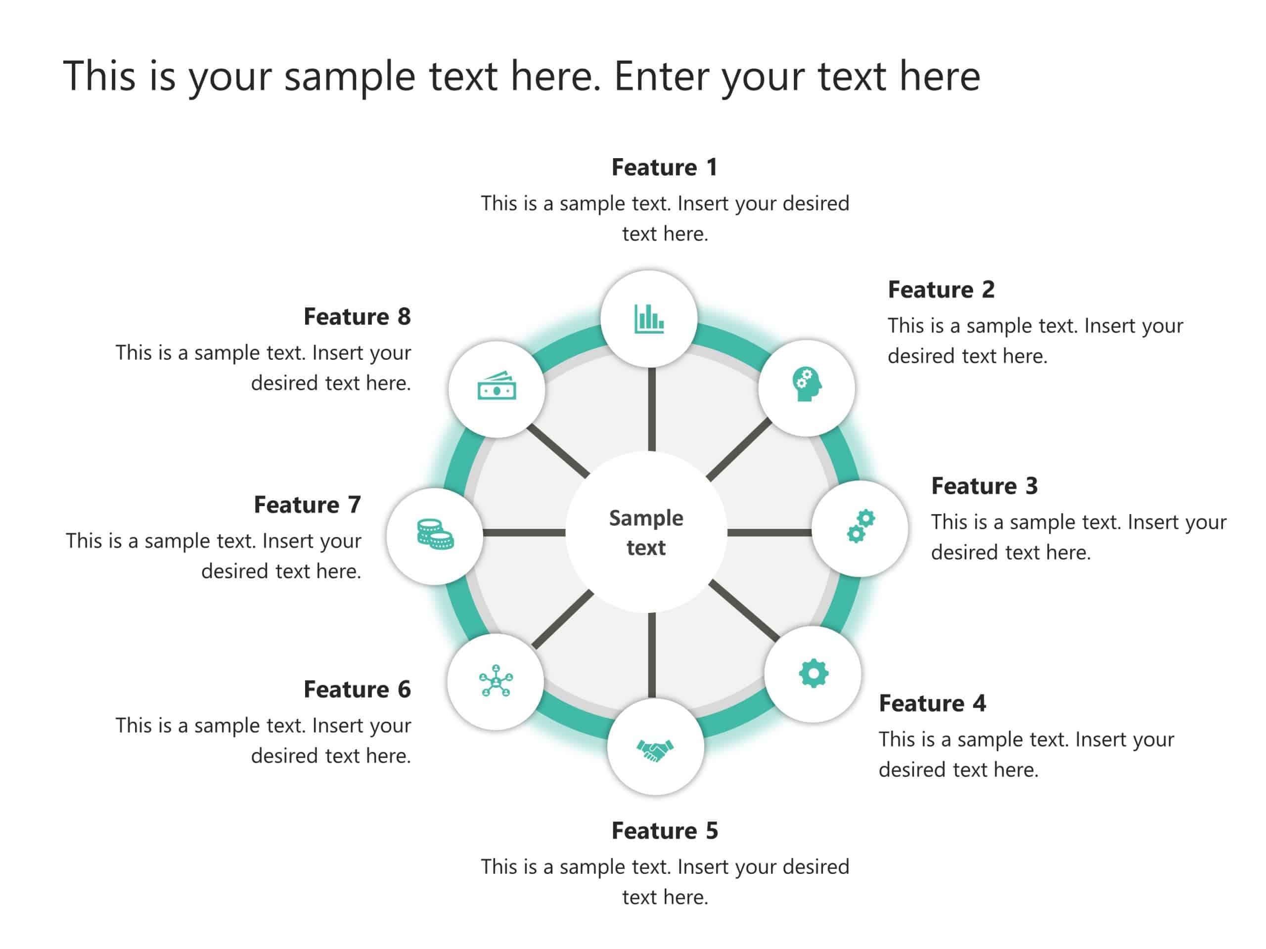 Teal Circular Feature Wheel Diagram For Business Presentation Powerpoint Template