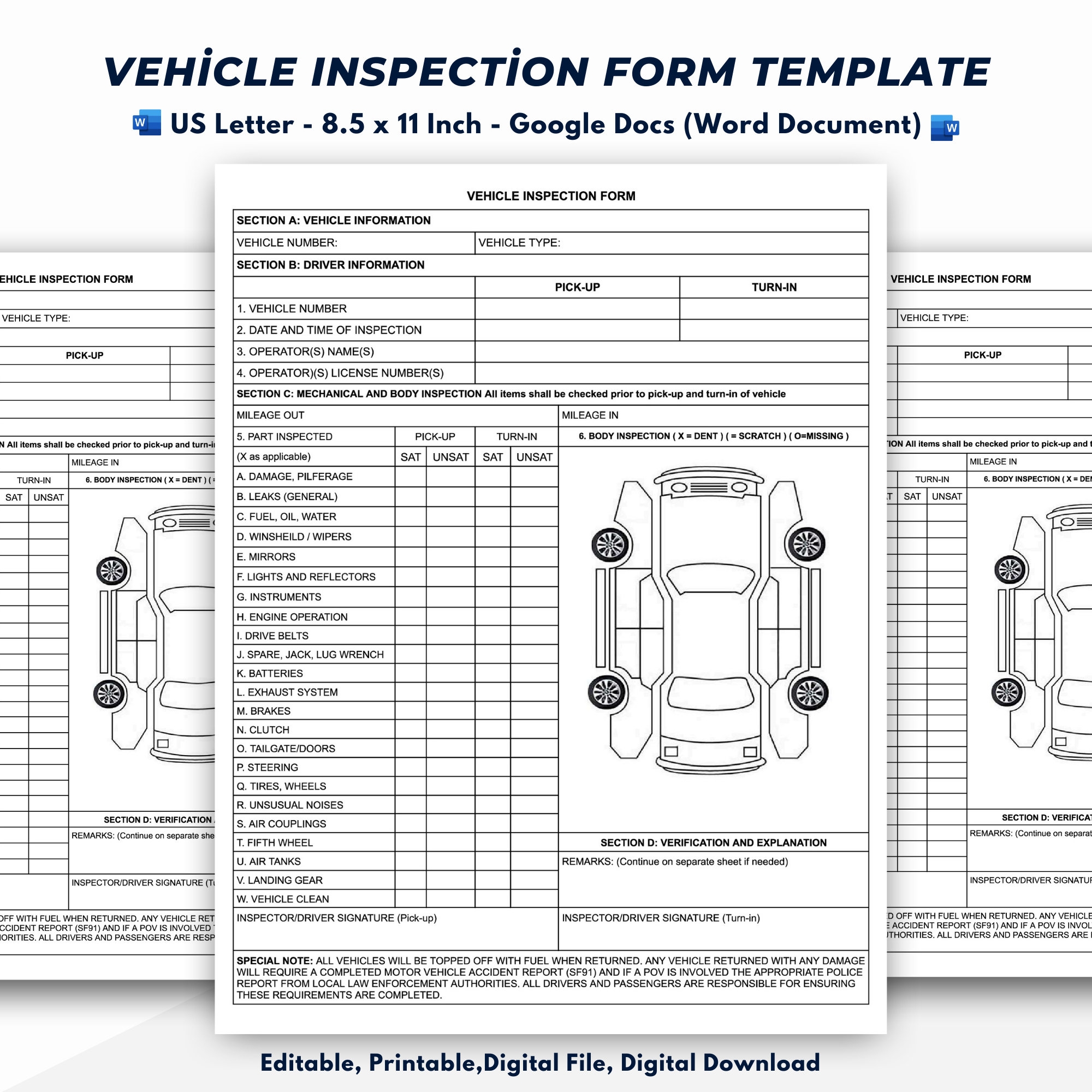 Vehicle Inspection Report Form Template Editable U0026 Printable Etsy